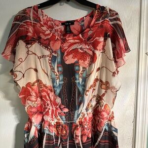 Style & Co. Asymmetrical Blouse Red and Cream Cap Sleeve